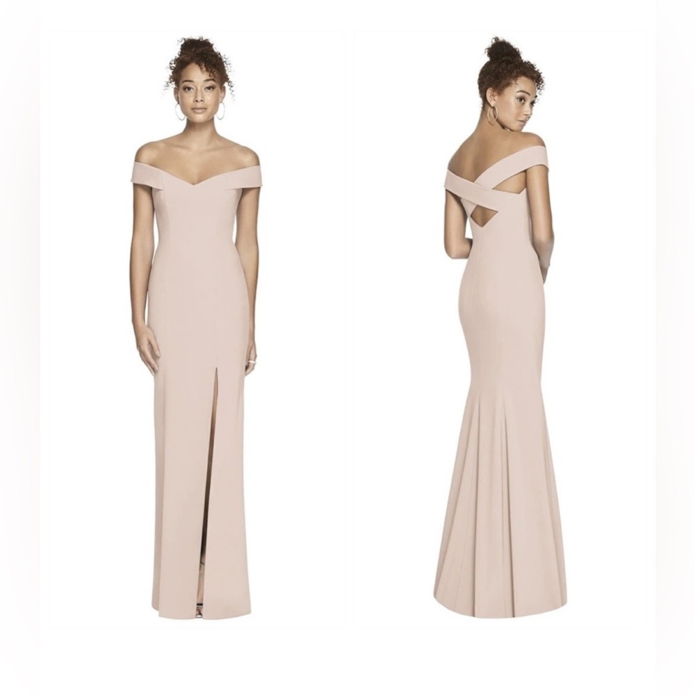New Dessy OFF THE SHOULDER CRISS CROSS BACK TRUMPET GOWN IN CAMEO Size 12R